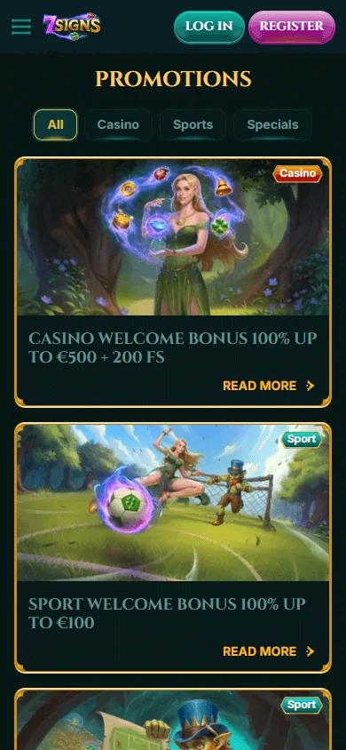7Signs Casino mobile browser promotions with welcome offers and cashback