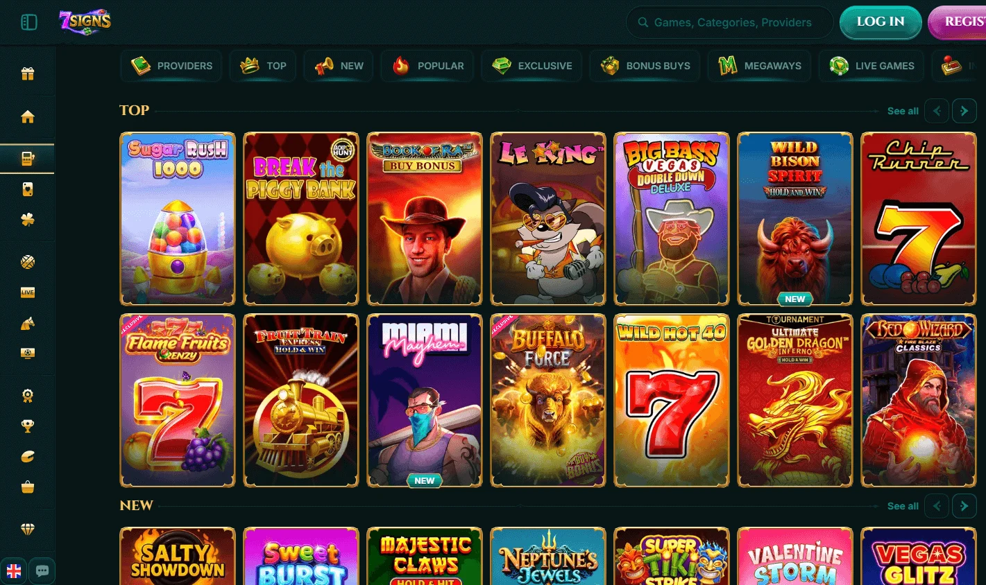7Signs Casino desktop games area with slots, table games and live casino categories