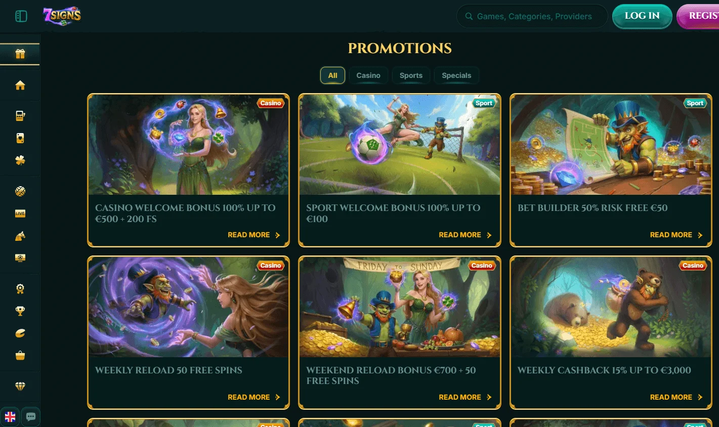 7Signs Casino desktop promotions area with welcome offers, Free Spins and cashback