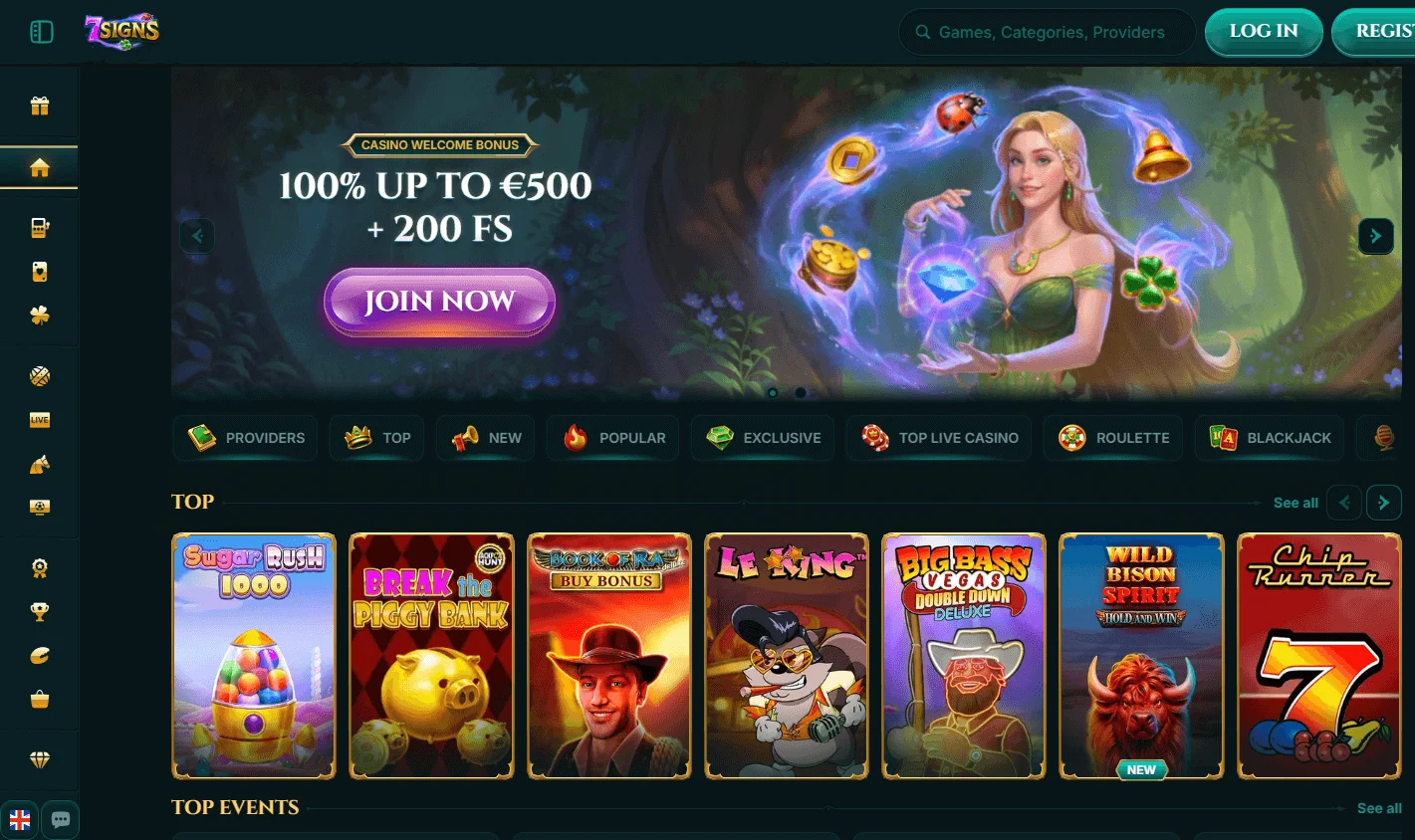 7Signs Casino desktop home experience with casino features and support access
